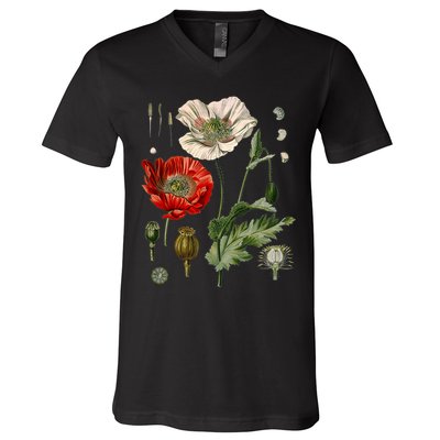 Red Poppy Botanical Poppies Red Poppy V-Neck T-Shirt