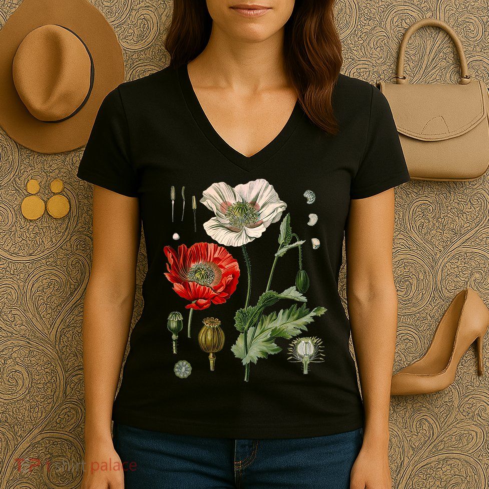Red Poppy Botanical Poppies Red Poppy Women's V-Neck T-Shirt