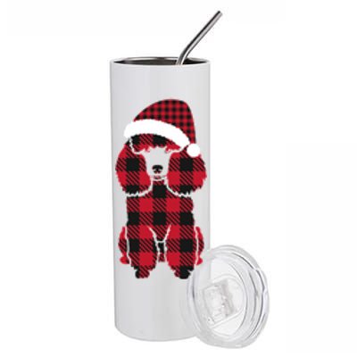 Red Plaid Buffalo Cute Poodle Matching Christmas Santa Hat Cute Gift Stainless Steel Tumbler