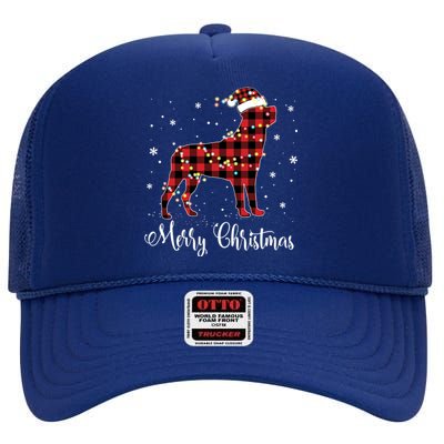 Red Plaid Buffalo Rottweiler Merry Christmas Pajamas Gift High Crown Mesh Back Trucker Hat