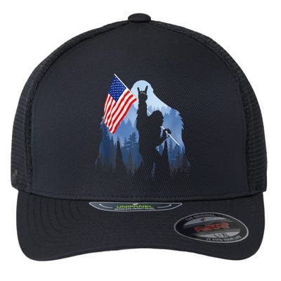 Retro Patriotic Bigfoot Sasquatch With USA Flag 4th Of July Flexfit Unipanel Trucker Cap