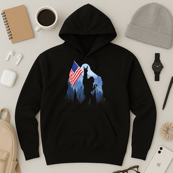Retro Patriotic Bigfoot Sasquatch With USA Flag 4th Of July Hoodie