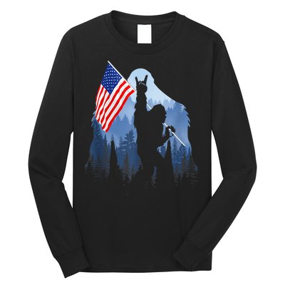 Retro Patriotic Bigfoot Sasquatch With USA Flag 4th Of July Long Sleeve Shirt