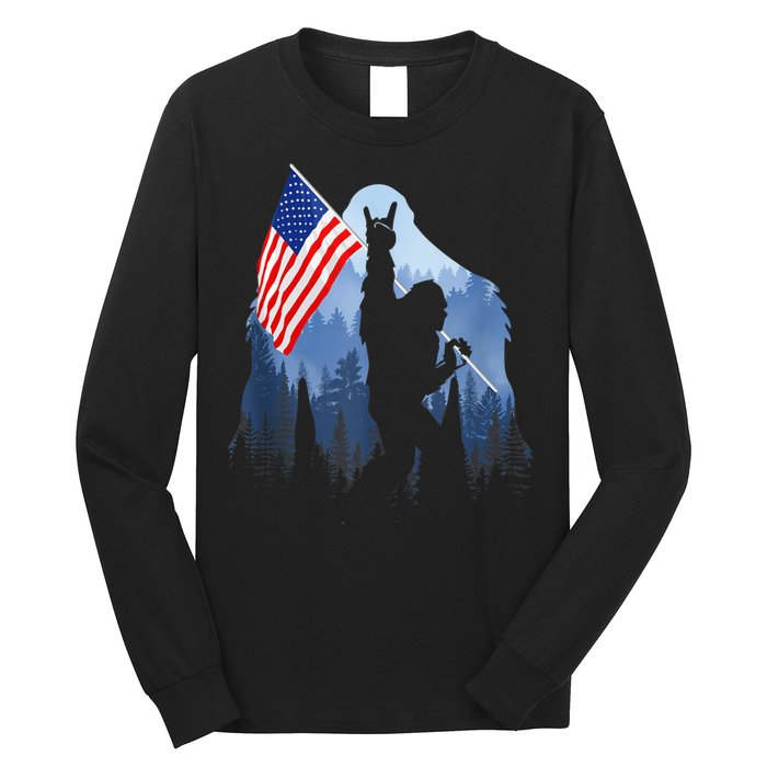 Retro Patriotic Bigfoot Sasquatch With USA Flag 4th Of July Long Sleeve Shirt