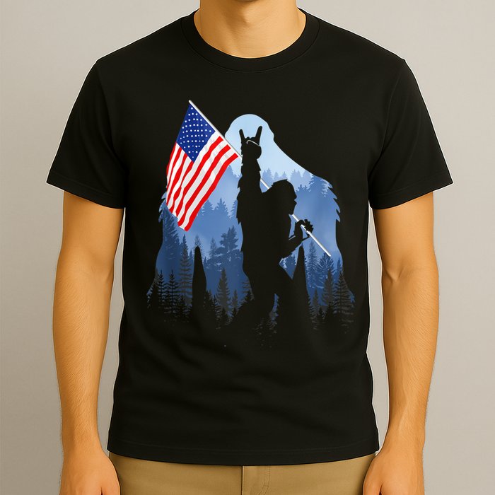 Retro Patriotic Bigfoot Sasquatch With USA Flag 4th Of July T-Shirt