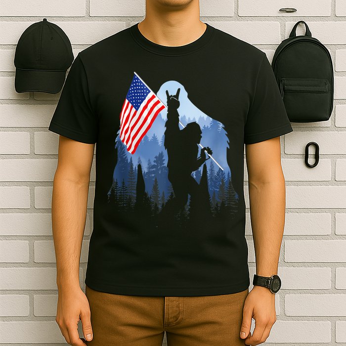 Retro Patriotic Bigfoot Sasquatch With USA Flag 4th Of July T-Shirt