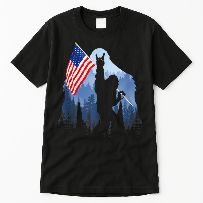 Retro Patriotic Bigfoot Sasquatch With USA Flag 4th Of July Tall T-Shirt