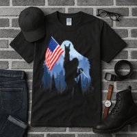 Retro Patriotic Bigfoot Sasquatch With USA Flag 4th Of July Tall T-Shirt