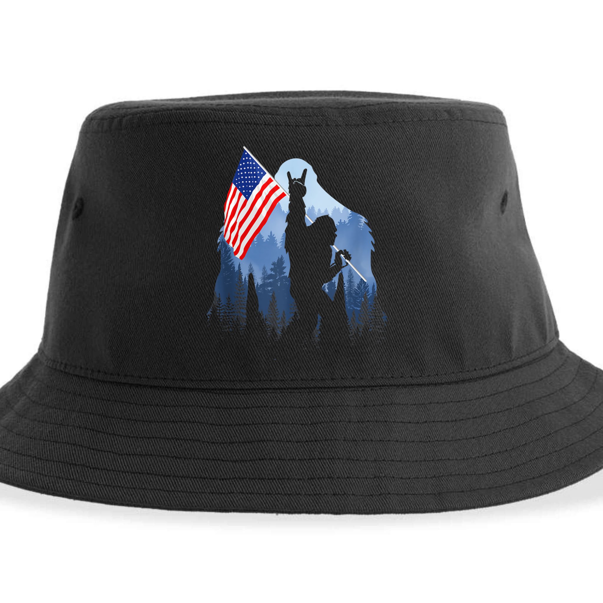 Retro Patriotic Bigfoot Sasquatch With USA Flag 4th Of July Sustainable Bucket Hat