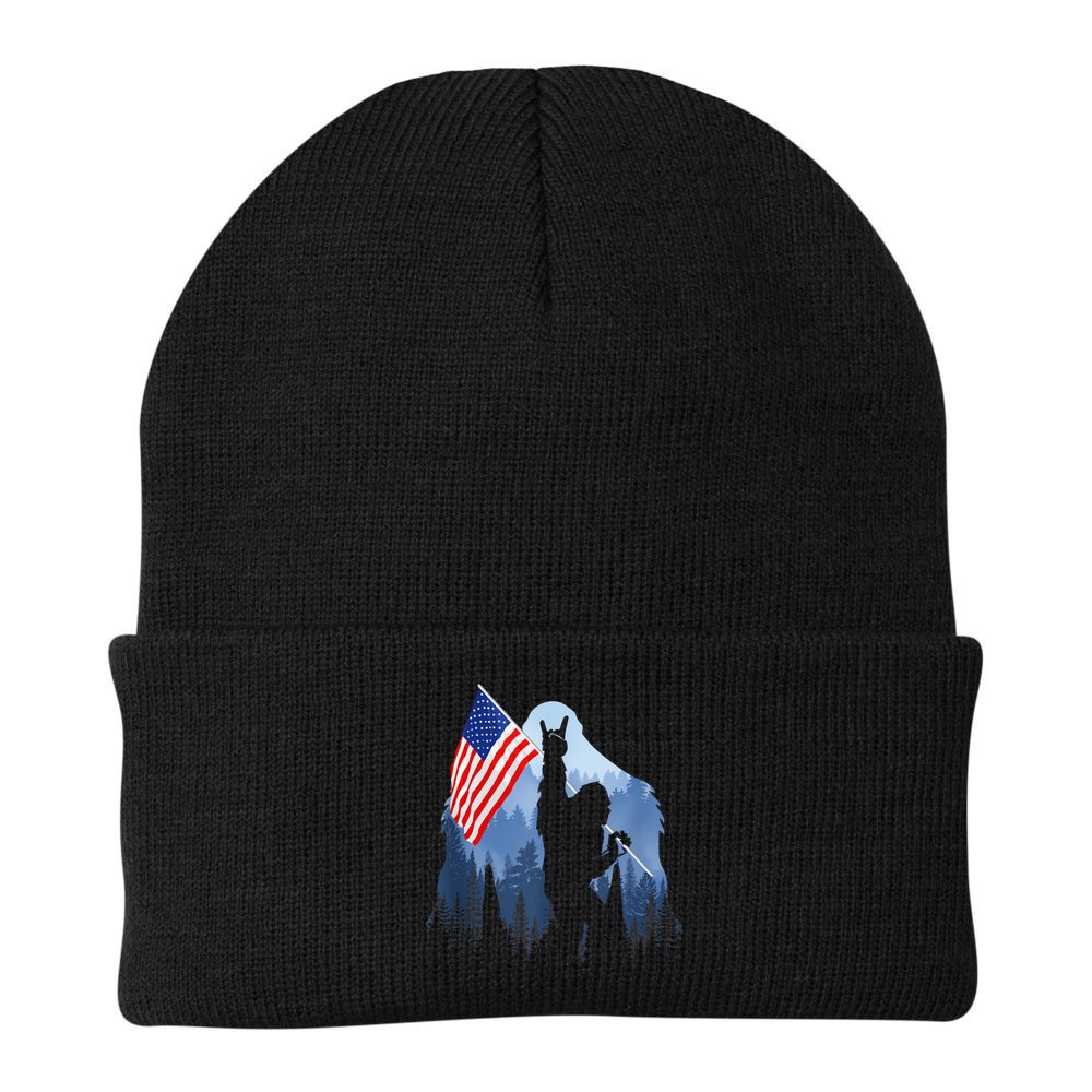 Retro Patriotic Bigfoot Sasquatch With USA Flag 4th Of July Beanie