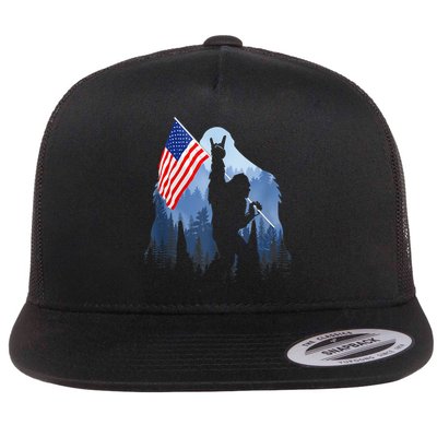Retro Patriotic Bigfoot Sasquatch With USA Flag 4th Of July Flatbill Hat