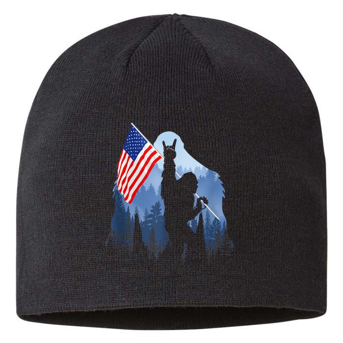 Retro Patriotic Bigfoot Sasquatch With USA Flag 4th Of July Sustainable Beanie