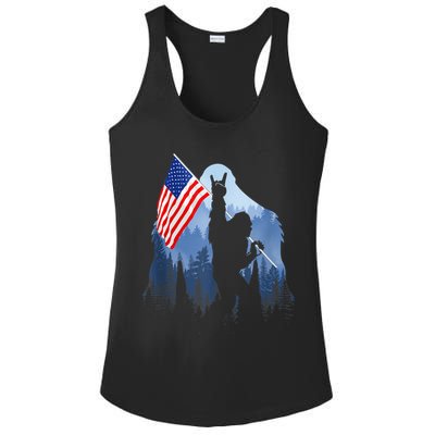 Retro Patriotic Bigfoot Sasquatch With USA Flag 4th Of July Ladies PosiCharge Competitor Racerback Tank