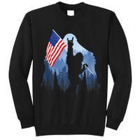 Retro Patriotic Bigfoot Sasquatch With USA Flag 4th Of July Tall Sweatshirt