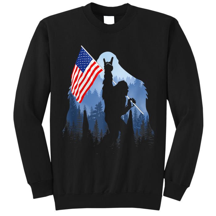 Retro Patriotic Bigfoot Sasquatch With USA Flag 4th Of July Tall Sweatshirt