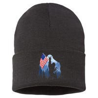 Retro Patriotic Bigfoot Sasquatch With USA Flag 4th Of July Sustainable Knit Beanie
