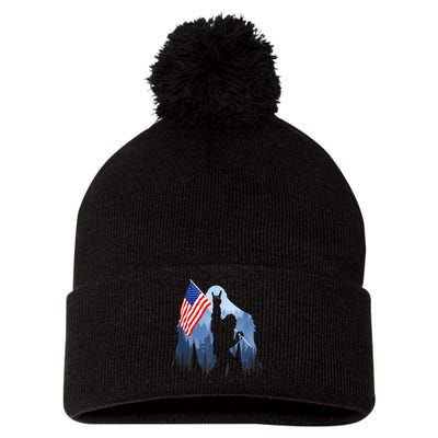 Retro Patriotic Bigfoot Sasquatch With USA Flag 4th Of July Pom Pom 12in Knit Beanie