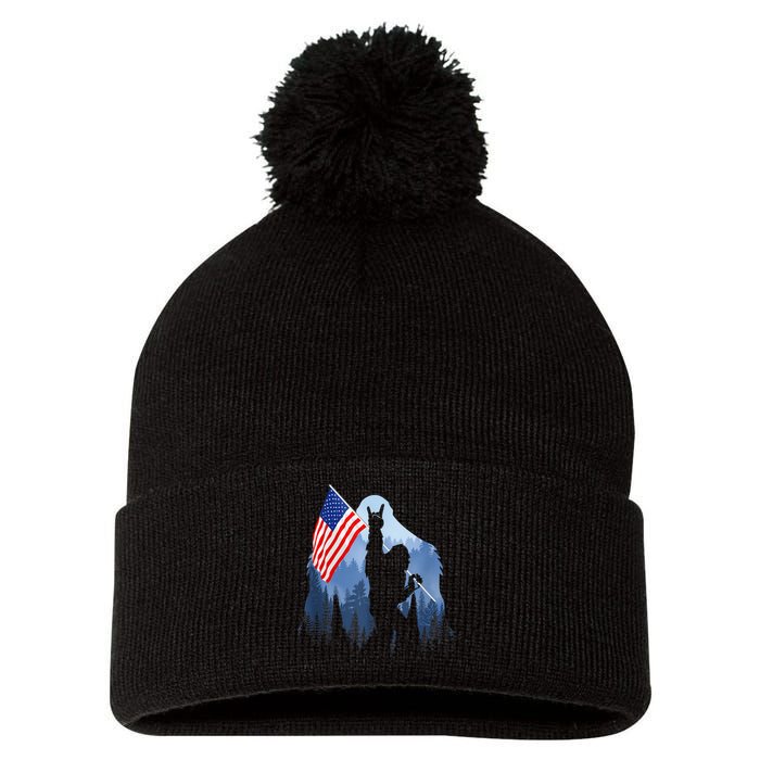 Retro Patriotic Bigfoot Sasquatch With USA Flag 4th Of July Pom Pom 12in Knit Beanie