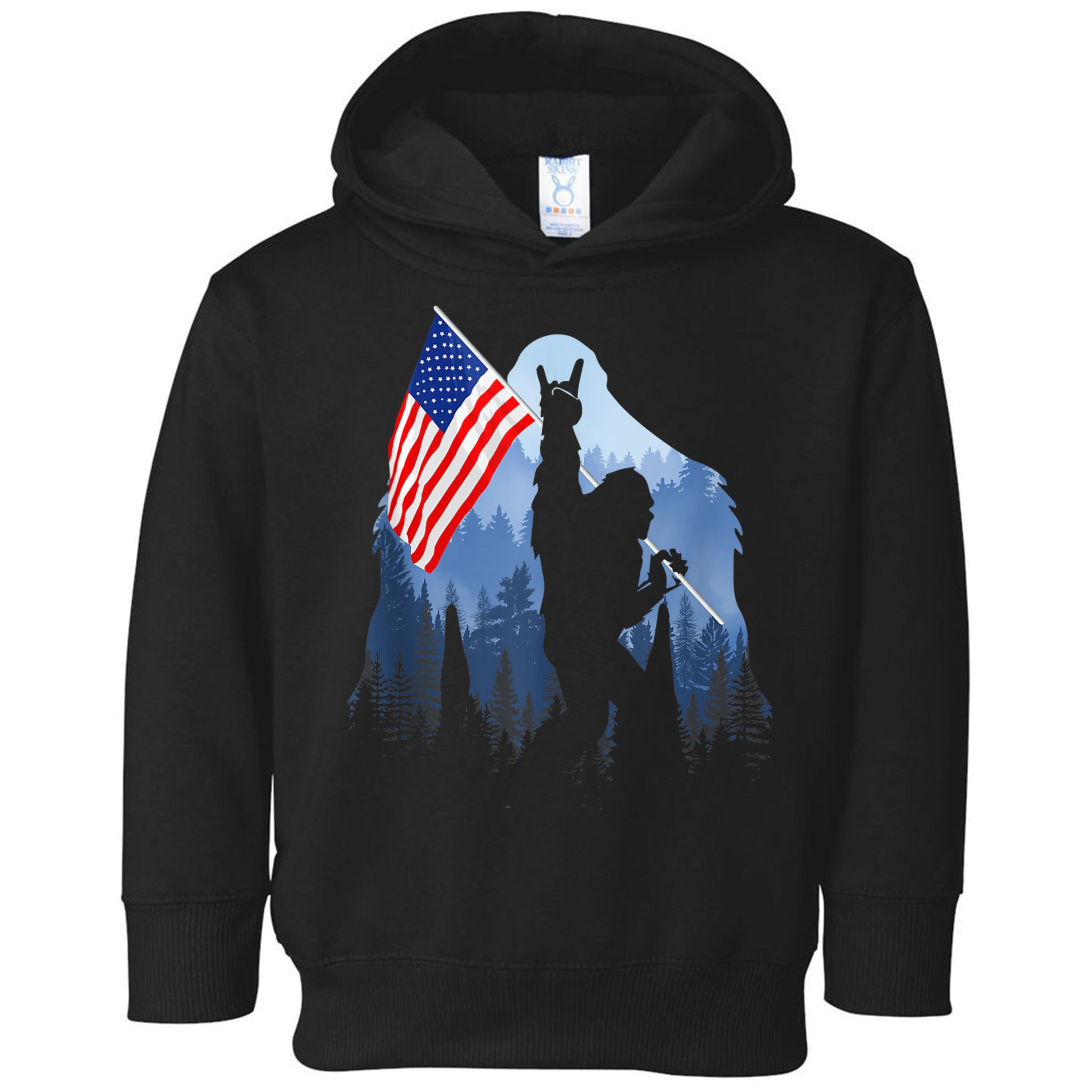 Retro Patriotic Bigfoot Sasquatch With USA Flag 4th Of July Toddler Hoodie