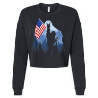 Retro Patriotic Bigfoot Sasquatch With USA Flag 4th Of July Cropped Pullover Crew