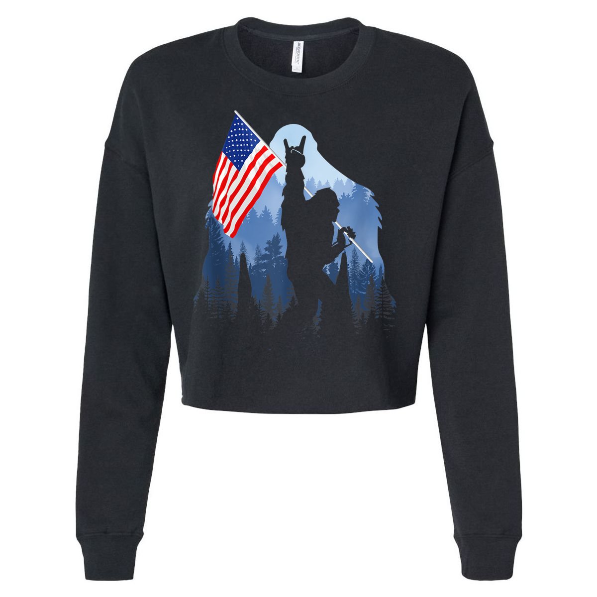 Retro Patriotic Bigfoot Sasquatch With USA Flag 4th Of July Cropped Pullover Crew