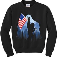 Retro Patriotic Bigfoot Sasquatch With USA Flag 4th Of July Kids Sweatshirt