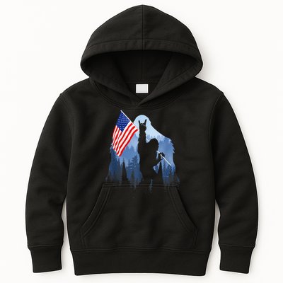 Retro Patriotic Bigfoot Sasquatch With USA Flag 4th Of July Kids Hoodie