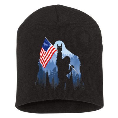Retro Patriotic Bigfoot Sasquatch With USA Flag 4th Of July Short Acrylic Beanie