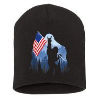 Retro Patriotic Bigfoot Sasquatch With USA Flag 4th Of July Short Acrylic Beanie