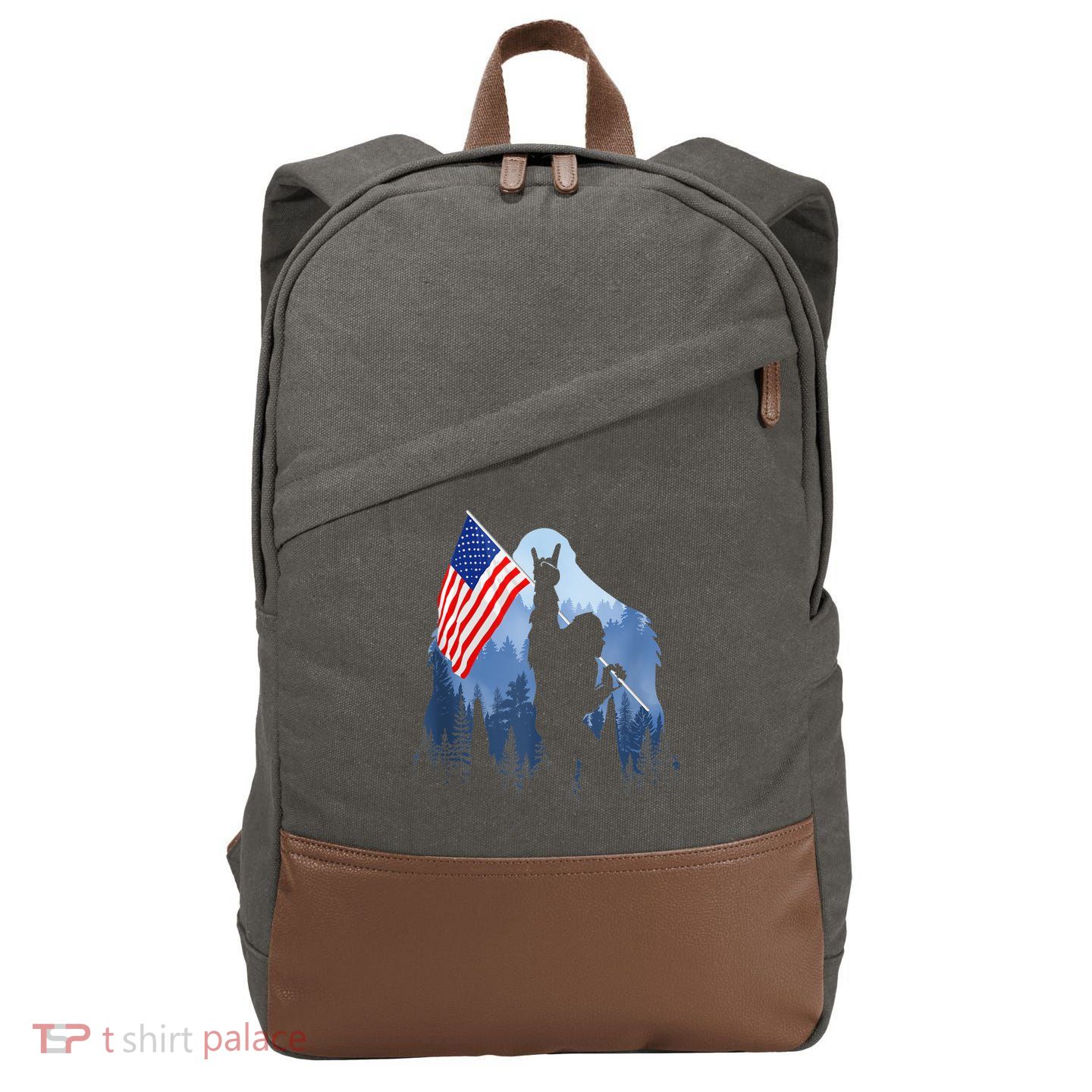 Retro Patriotic Bigfoot Sasquatch With USA Flag 4th Of July Cotton Canvas Backpack