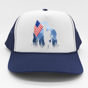 Retro Patriotic Bigfoot Sasquatch With USA Flag 4th Of July Trucker Hat