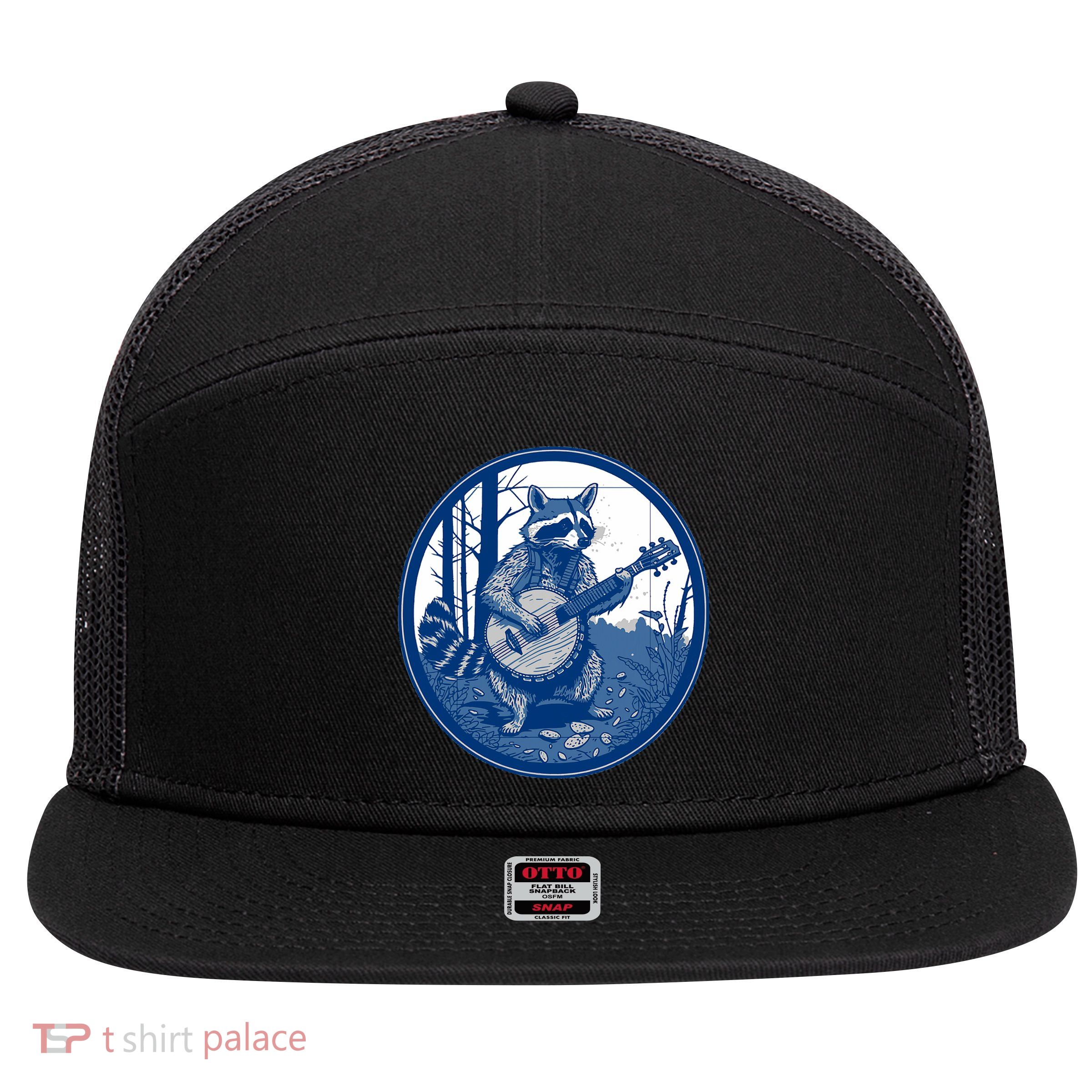 Raccoon Playing Banjo Vintage Cottagecore Funny Bluegrass 7 Panel Mesh Trucker Snapback Hat