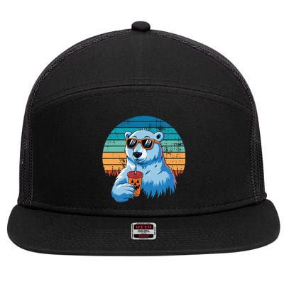 Retro Polar Bear In Sunglasses Halloween Funny Polar Bear Gift 7 Panel Mesh Trucker Snapback Hat