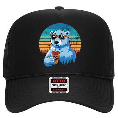 Retro Polar Bear In Sunglasses Halloween Funny Polar Bear Gift High Crown Mesh Back Trucker Hat