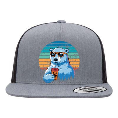 Retro Polar Bear In Sunglasses Halloween Funny Polar Bear Gift Flat Bill Trucker Hat