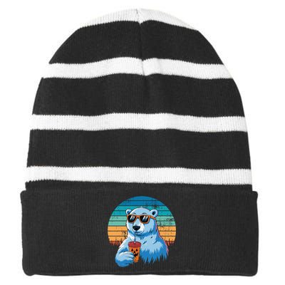 Retro Polar Bear In Sunglasses Halloween Funny Polar Bear Gift Striped Beanie with Solid Band