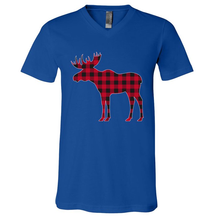 Red Plaid Buffalo Moose Christmas Matching Family Pajama Gift V-Neck T-Shirt