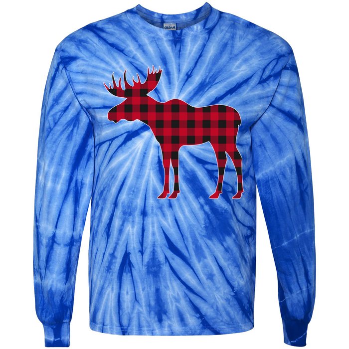 Red Plaid Buffalo Moose Christmas Matching Family Pajama Gift Tie-Dye Long Sleeve Shirt