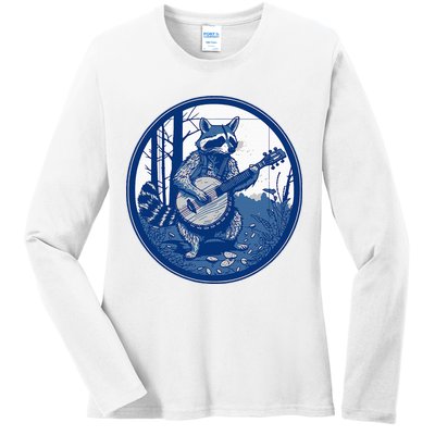 Raccoon Playing Banjo Vintage Cottagecore Ladies Long Sleeve Shirt