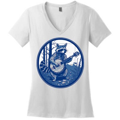 Raccoon Playing Banjo Vintage Cottagecore Women's V-Neck T-Shirt
