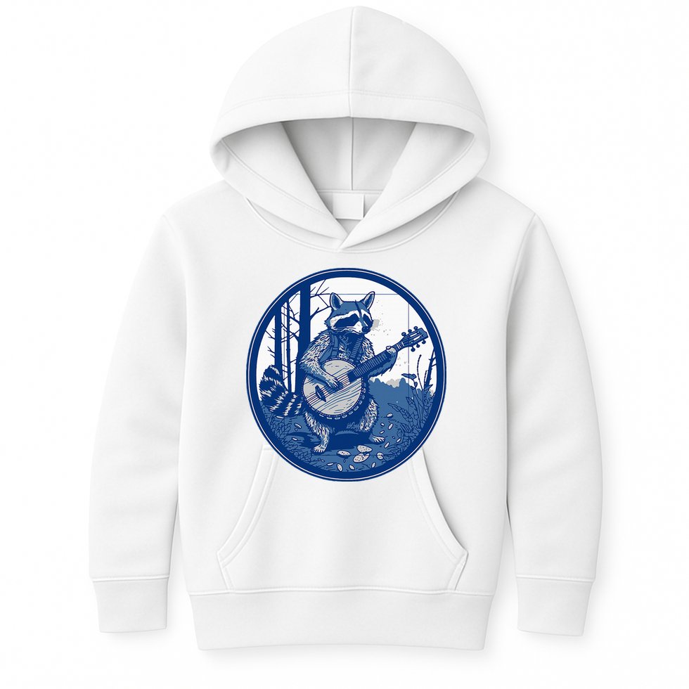 Raccoon Playing Banjo Vintage Cottagecore Kids Hoodie