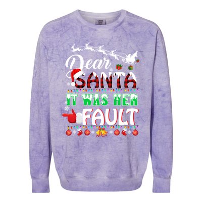 Red Plaid Christmas Couples Tees Dear Santa It Was Her Fault Cool Gift Colorblast Crewneck Sweatshirt