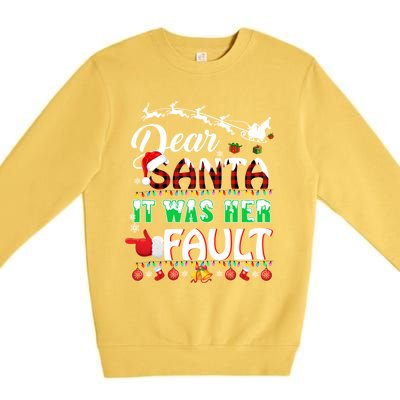 Red Plaid Christmas Couples Tees Dear Santa It Was Her Fault Cool Gift Premium Crewneck Sweatshirt