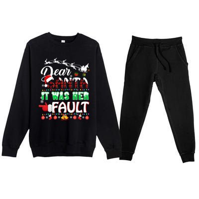 Red Plaid Christmas Couples Tees Dear Santa It Was Her Fault Cool Gift Premium Crewneck Sweatsuit Set