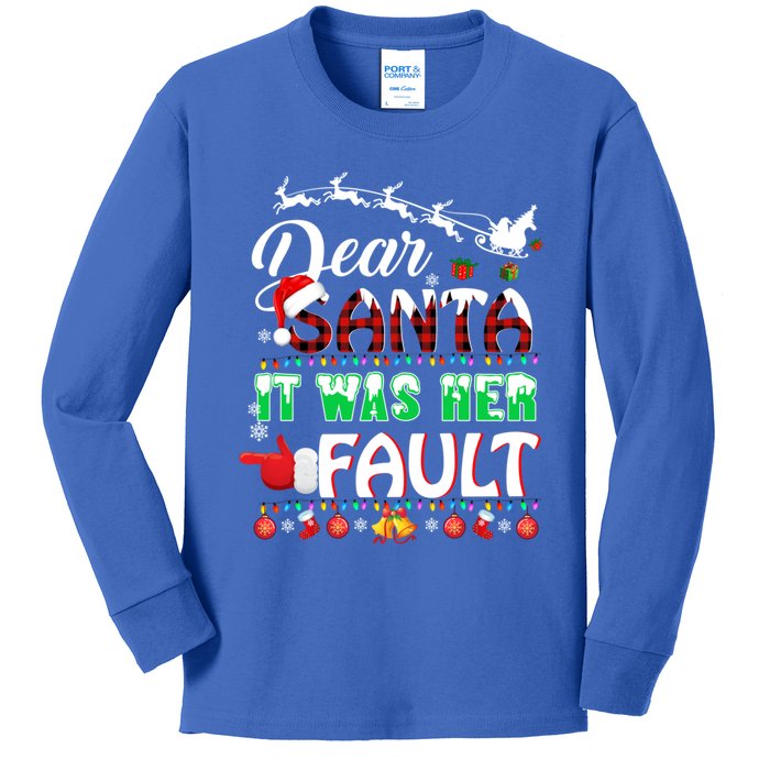 Red Plaid Christmas Couples Tees Dear Santa It Was Her Fault Cool Gift Kids Long Sleeve Shirt