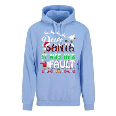 Red Plaid Christmas Couples Tees Dear Santa It Was Her Fault Cool Gift Unisex Surf Hoodie