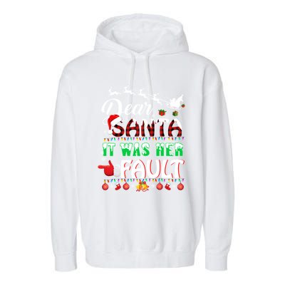 Red Plaid Christmas Couples Tees Dear Santa It Was Her Fault Cool Gift Garment-Dyed Fleece Hoodie