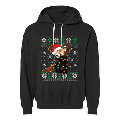 Red Panda Christmas Lights Santa Hat Ugly Sweater Xmas Cute Gift Garment-Dyed Fleece Hoodie