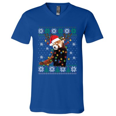 Red Panda Christmas Lights Santa Hat Ugly Sweater Xmas Cute Gift V-Neck T-Shirt