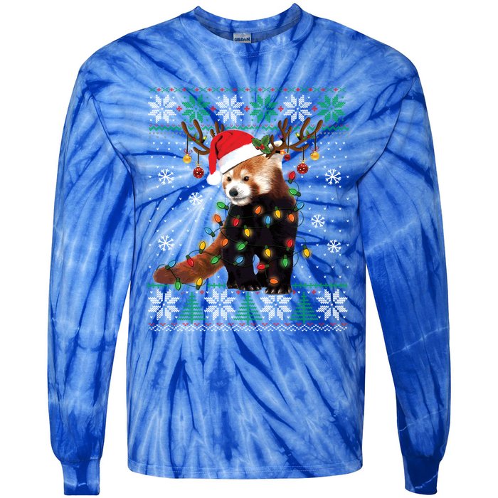 Red Panda Christmas Lights Santa Hat Ugly Sweater Xmas Cute Gift Tie-Dye Long Sleeve Shirt